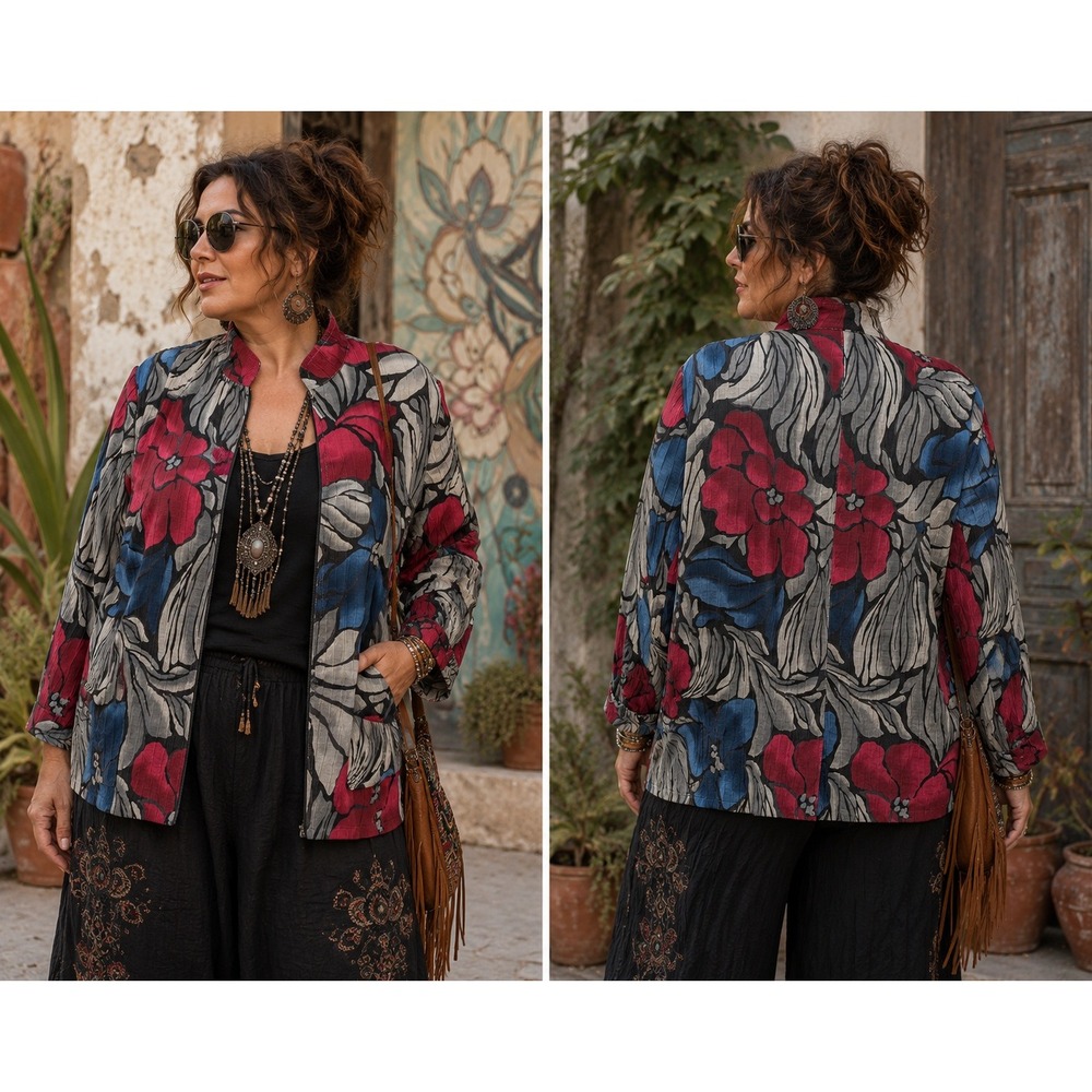 Boho Maximalism Retro Art Red Blue Grey AlfredDunner Floral ZipFront 18W Jacket